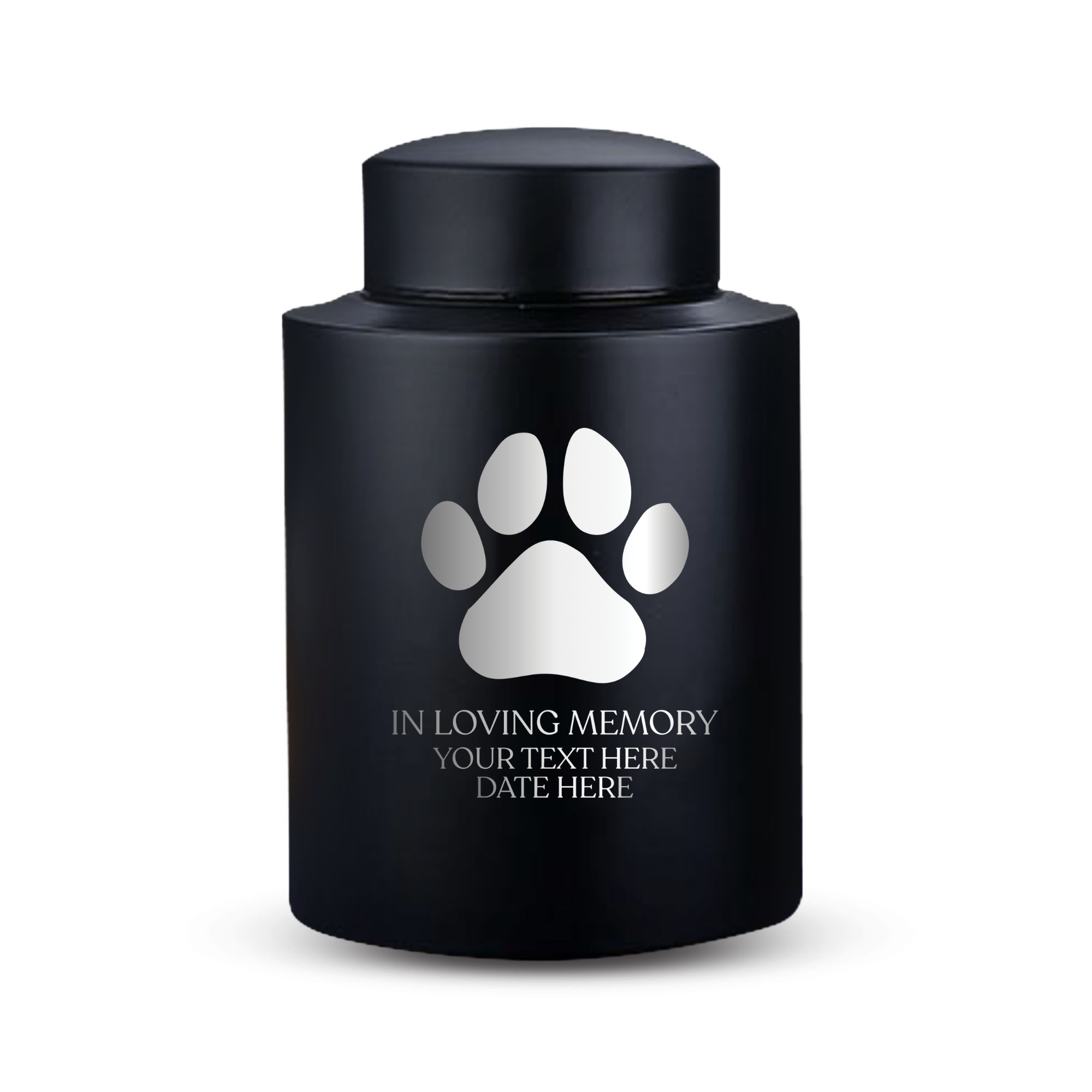 Custom Dog Round Urn - Medium Size - Stainless Steel - Black Powder Coated Finish - 50 Cubic Inch