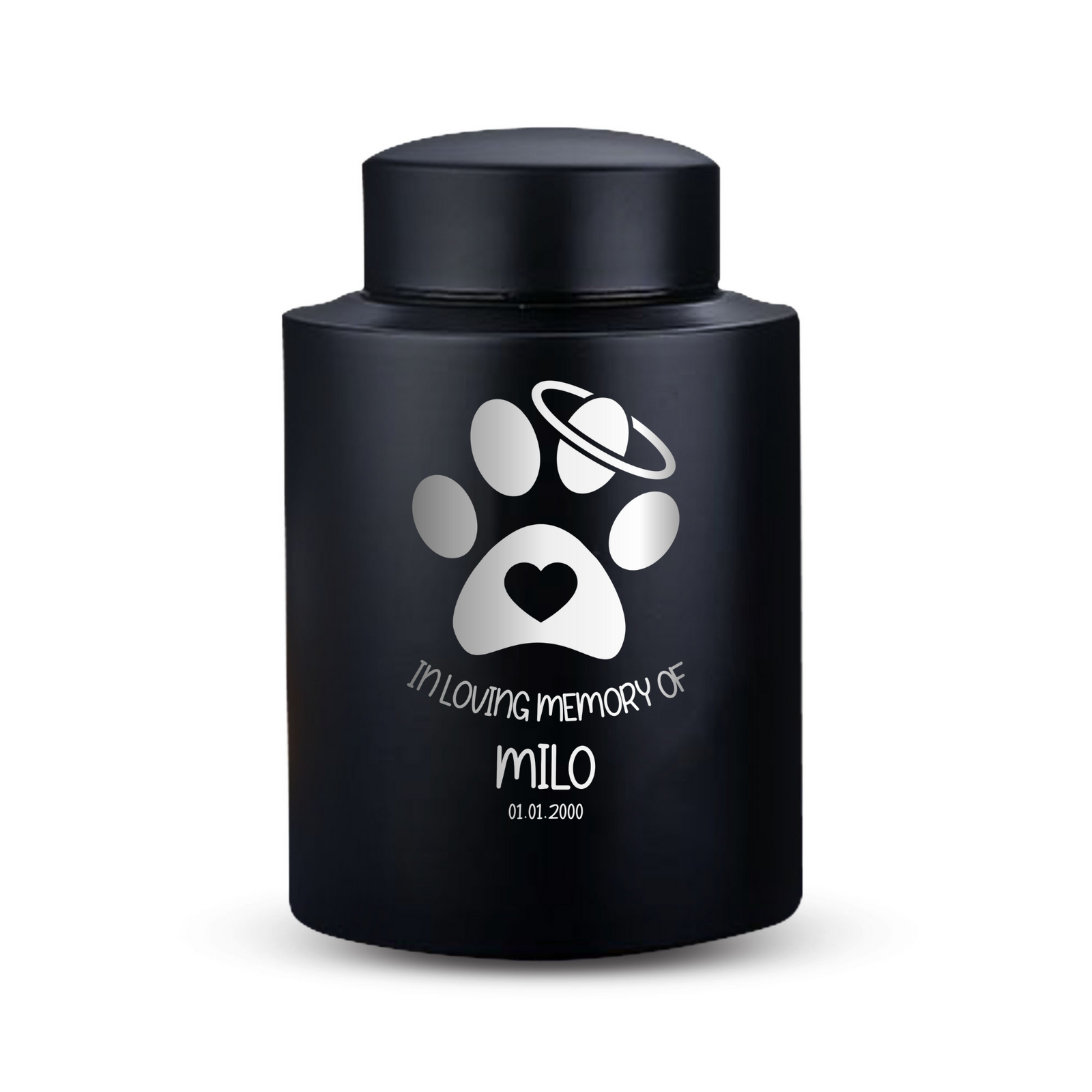 Custom Cat Round Urn - Larger Size - Stainless Steel - Black Powder Coated Finish - 115 Cubic Inch
