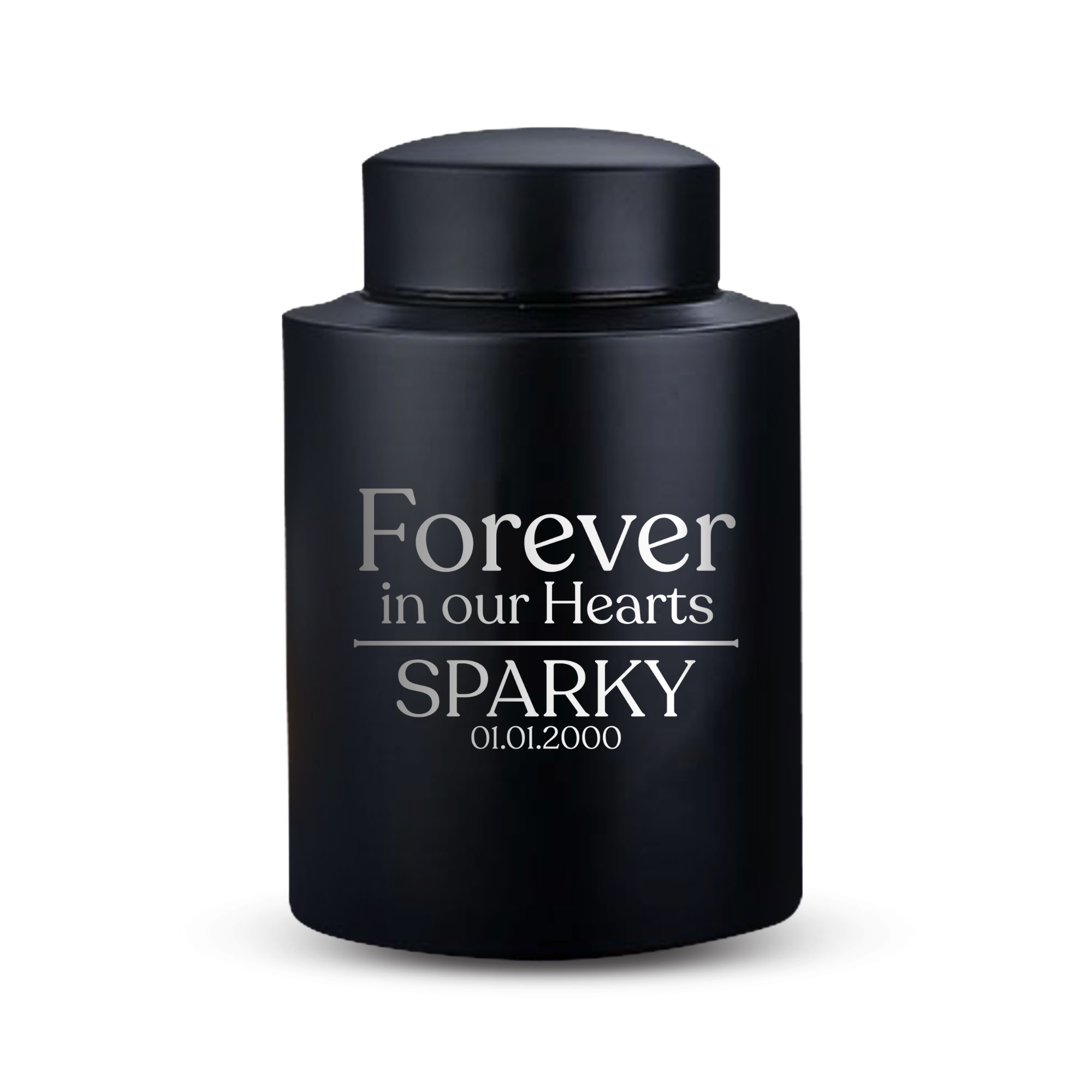 Personalized Custom Large Urn Pet Cat Cremation Urn Engraved with Name, Date and Text - Round Powder Coated Steel Urns for Cats ashes, Pet size 90-115 lbs |Black