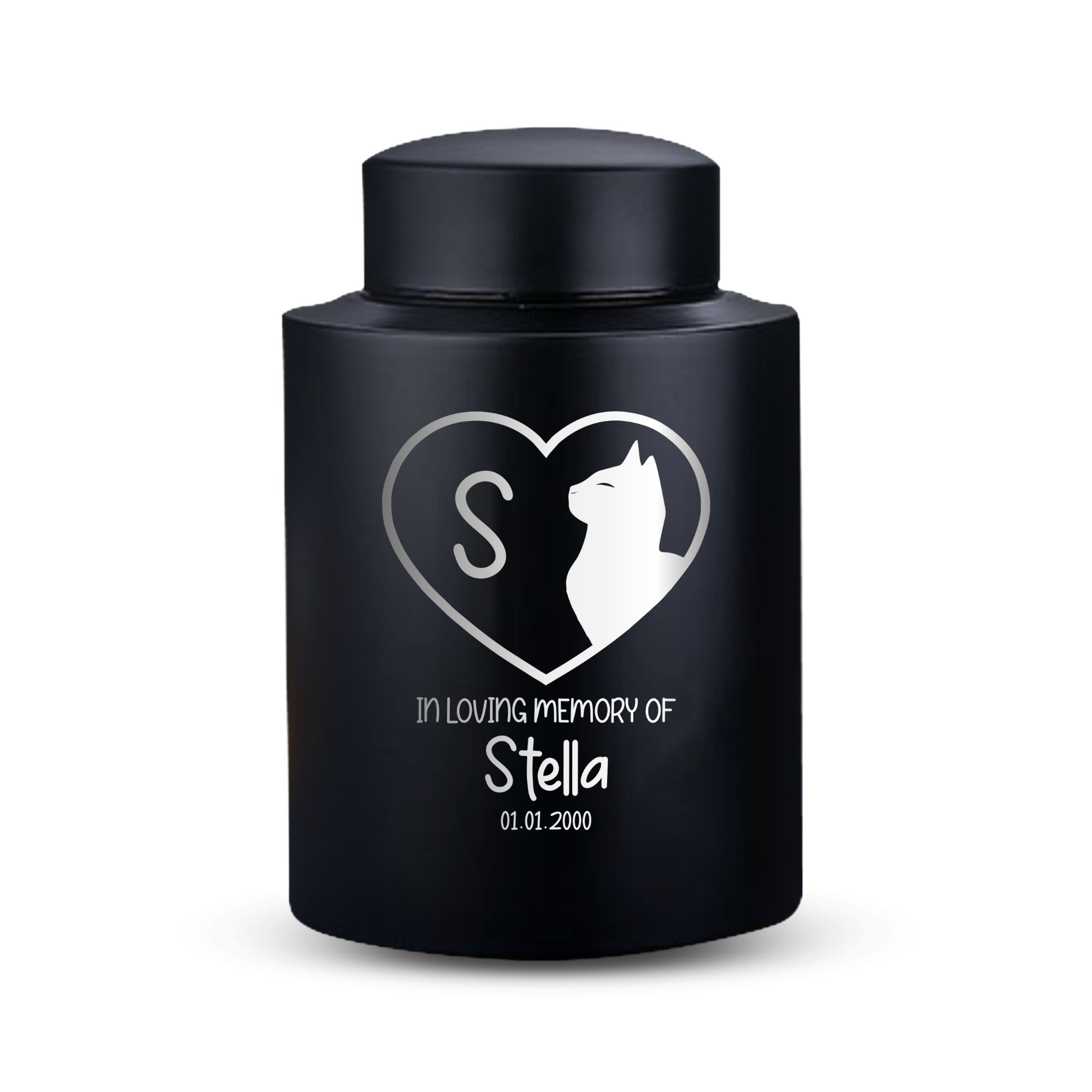 Personalized Custom Pet Cat Cremation Urn Engraved with Name, Date and Text - Round Powder Coated Steel Standard Size Urns for Cats ashes, Pet size 30-50lbs | (Black)