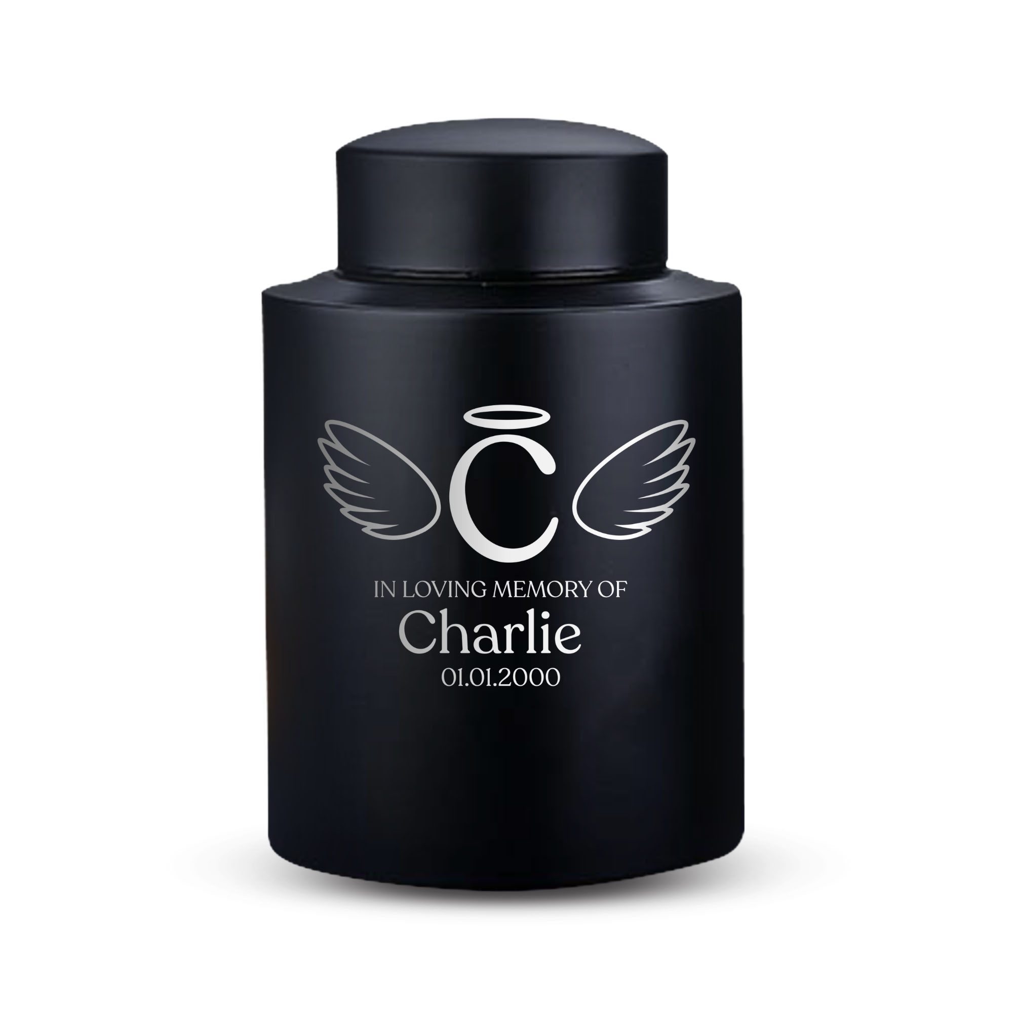 Personalized Custom Large Urn Pet Cat Cremation Urn Engraved with Name, Date and Text - Round Powder Coated Steel Urns for Cats ashes, Pet size 90-115 lbs |Black