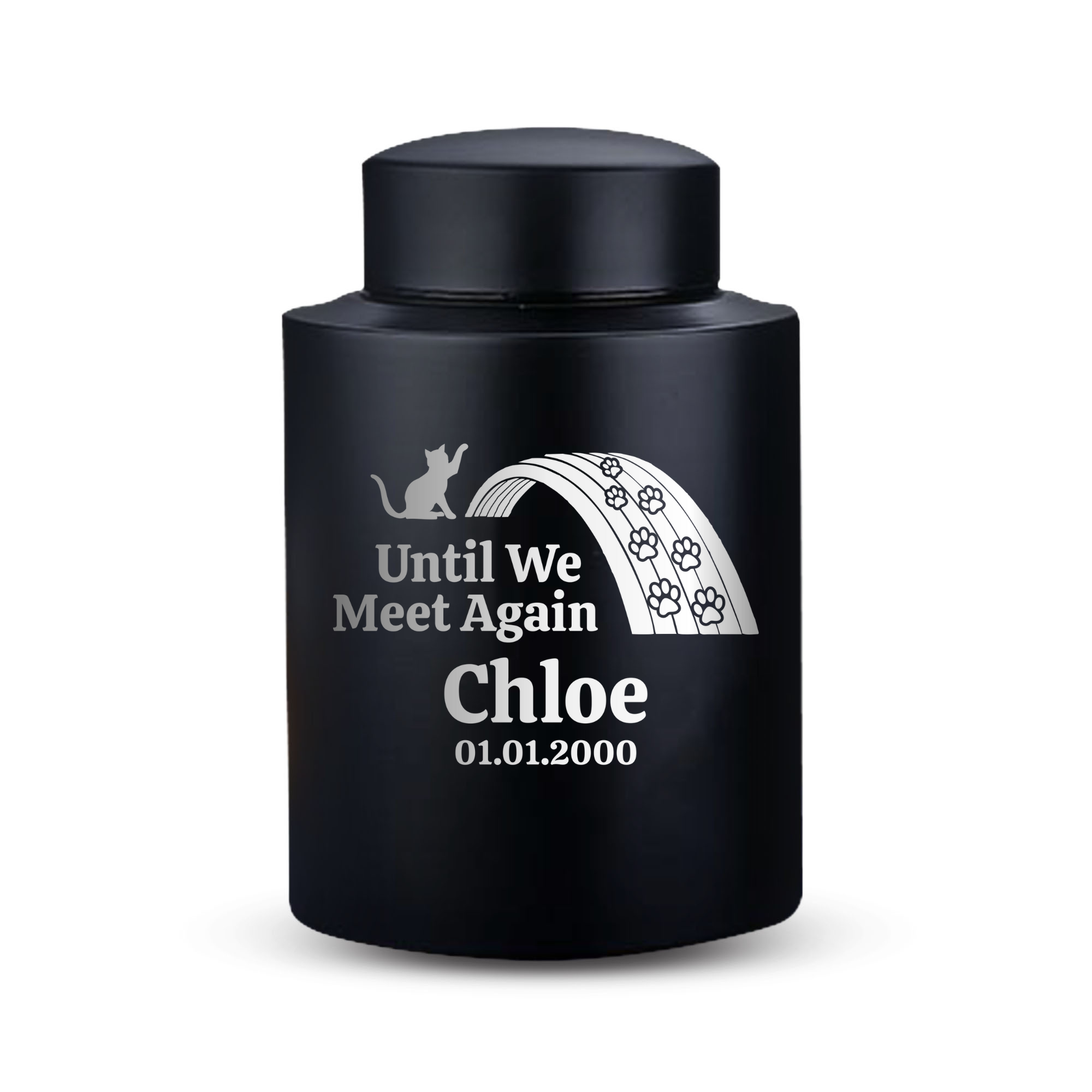 Personalized Custom Pet Cat Cremation Urn Engraved with Name, Date and Text - Round Powder Coated Steel Standard Size Urns for Cats ashes, Pet size 30-50lbs | (Black)