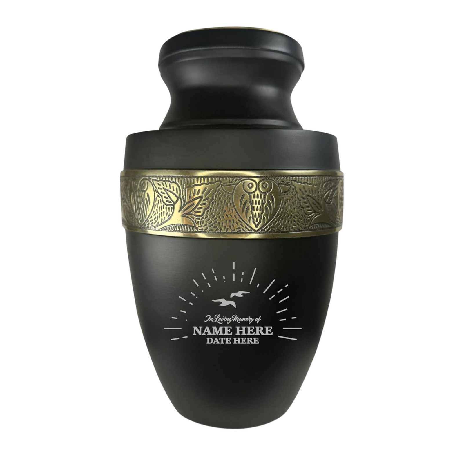 Personalized Adult Human Cremation Urn with Custom Engraved Name on Metal Aluminum Vessel for Ashes and Remains | Elite Series Human Urn with Gold Inlay | 200 Lbs | Shoreline | Black