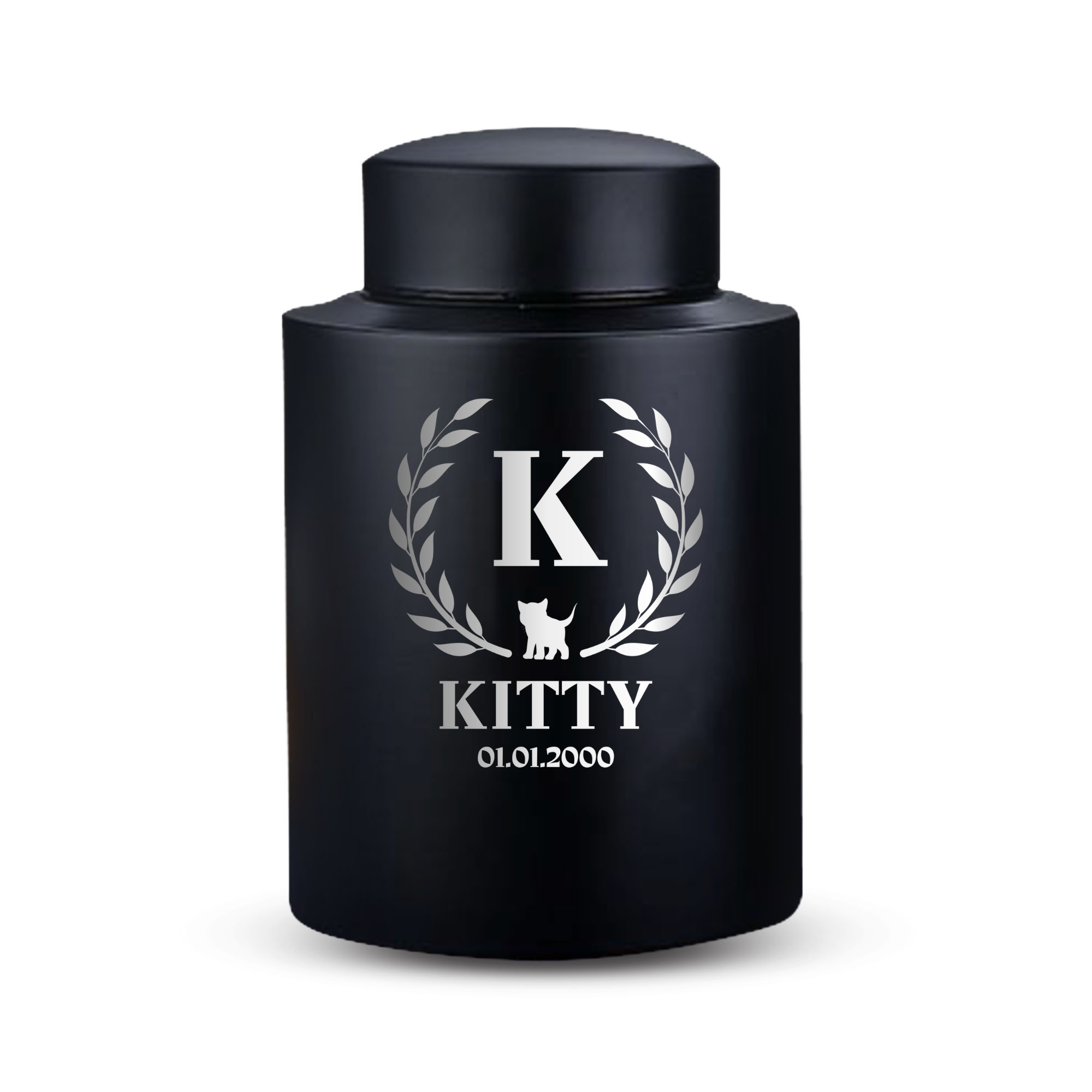 Personalized Custom Large Urn Pet Cat Cremation Urn Engraved with Name, Date and Text - Round Powder Coated Steel Urns for Cats ashes, Pet size 90-115 lbs |Black
