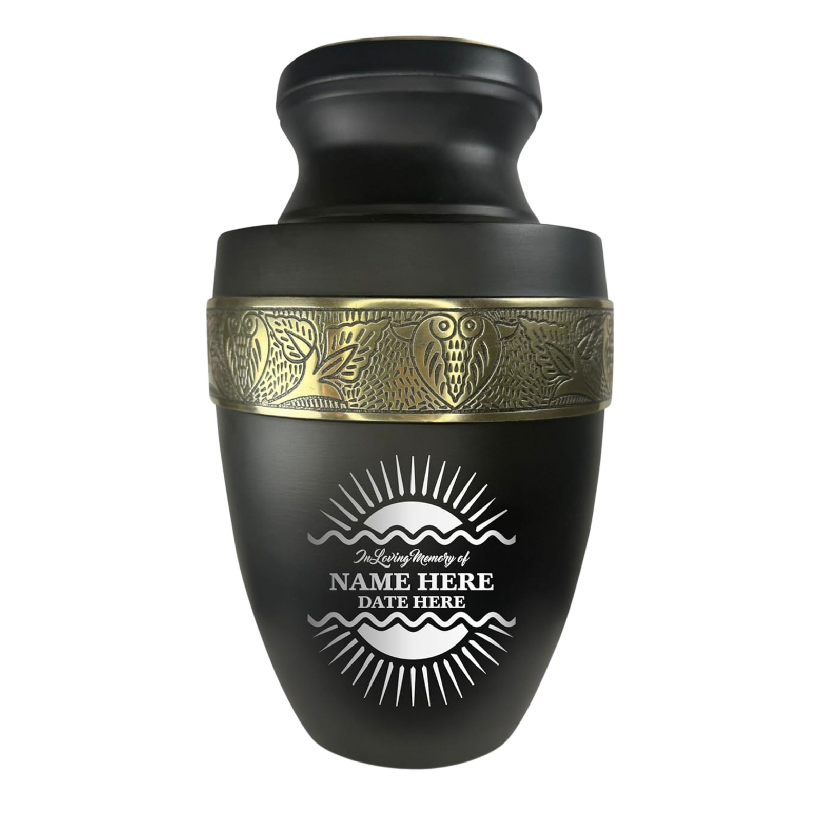 Personalized Adult Human Cremation Urn with Custom Engraved Name on Metal Aluminum Vessel for Ashes and Remains | Elite Series Human Urn with Gold Inlay | 200 Lbs | Sunbeam | Black