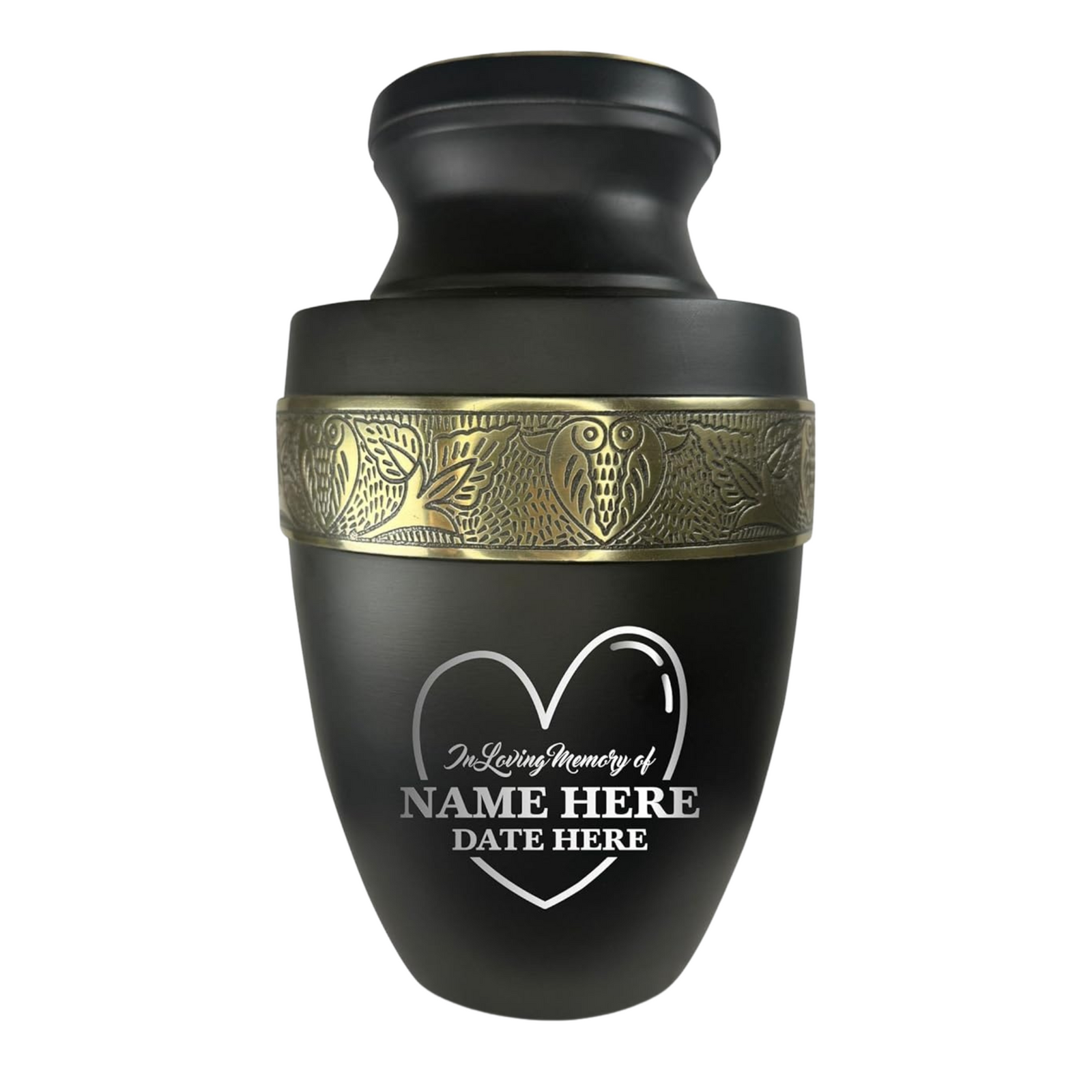 Personalized Adult Human Cremation Urn with Custom Engraved Name on Metal Aluminum Vessel for Ashes and Remains | Elite Series Human Urn with Gold Inlay | 200 Lbs | Heart | Black