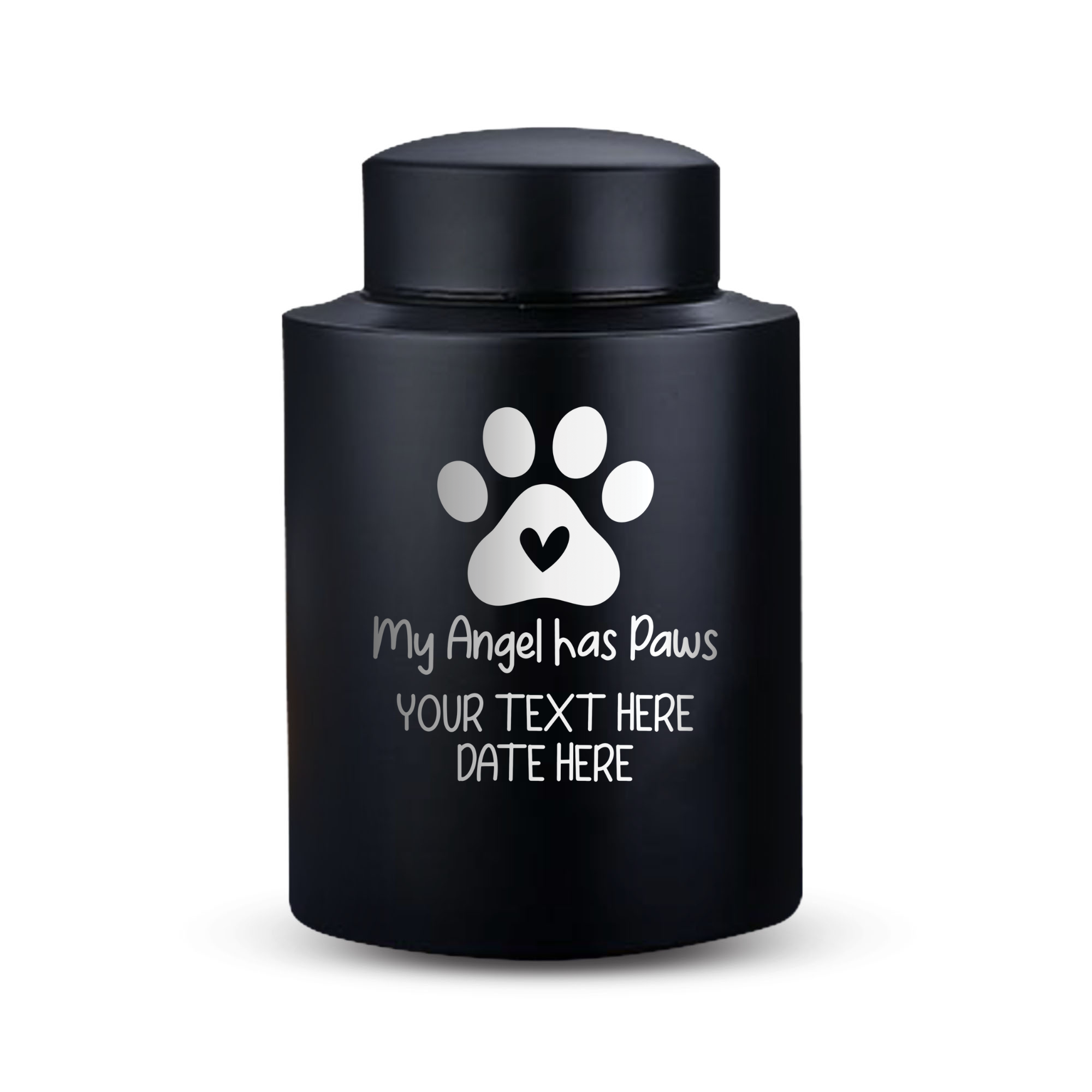 Personalized Custom Pet Cat Cremation Urn Engraved with Name, Date and Text - Round Powder Coated Steel Standard Size Urns for Cats ashes, Pet size 30-50lbs | (Black)