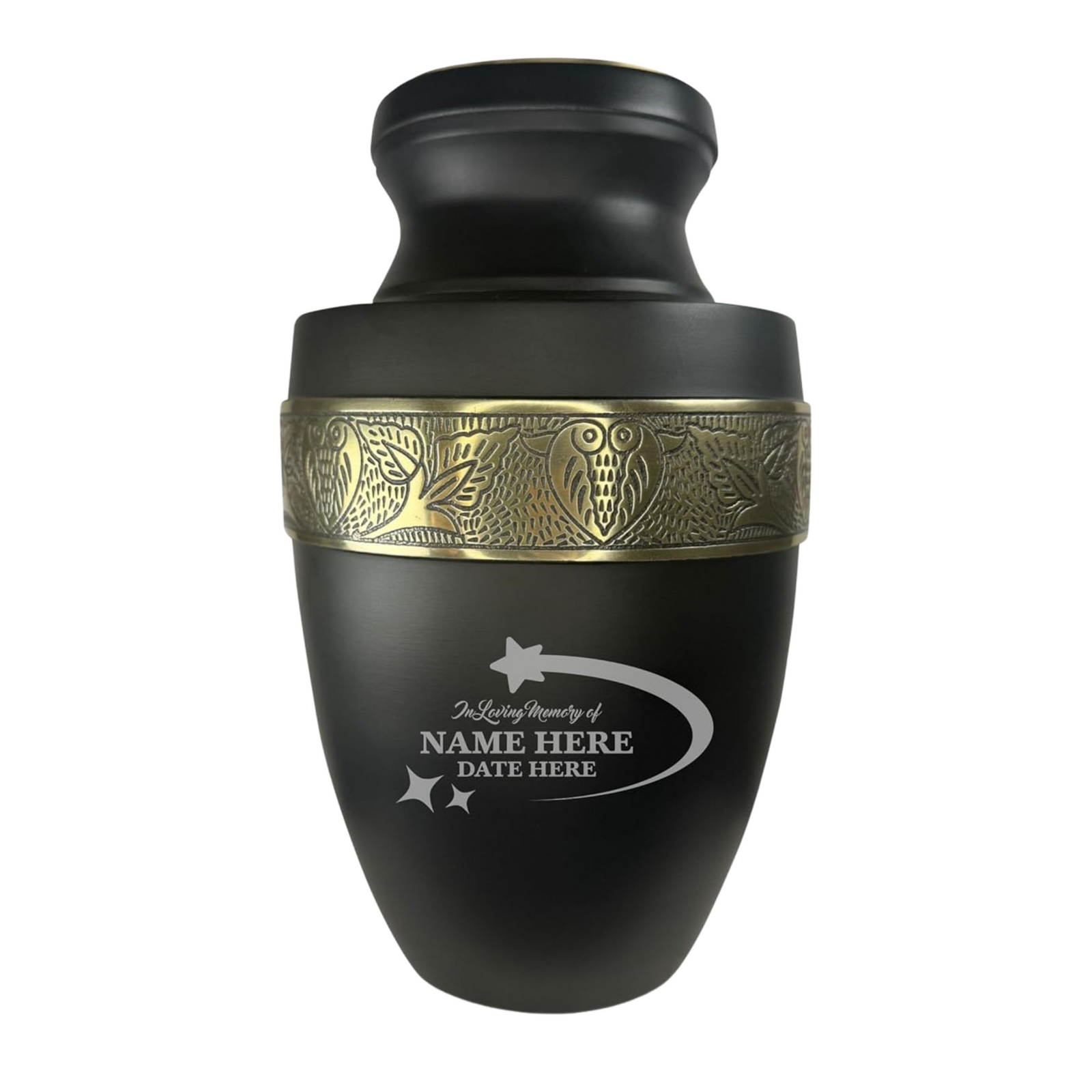 Personalized Adult Human Cremation Urn with Custom Engraved Name on Metal Aluminum Vessel for Ashes and Remains | Elite Series Human Urn with Gold Inlay | 200 Lbs | Stars | Black