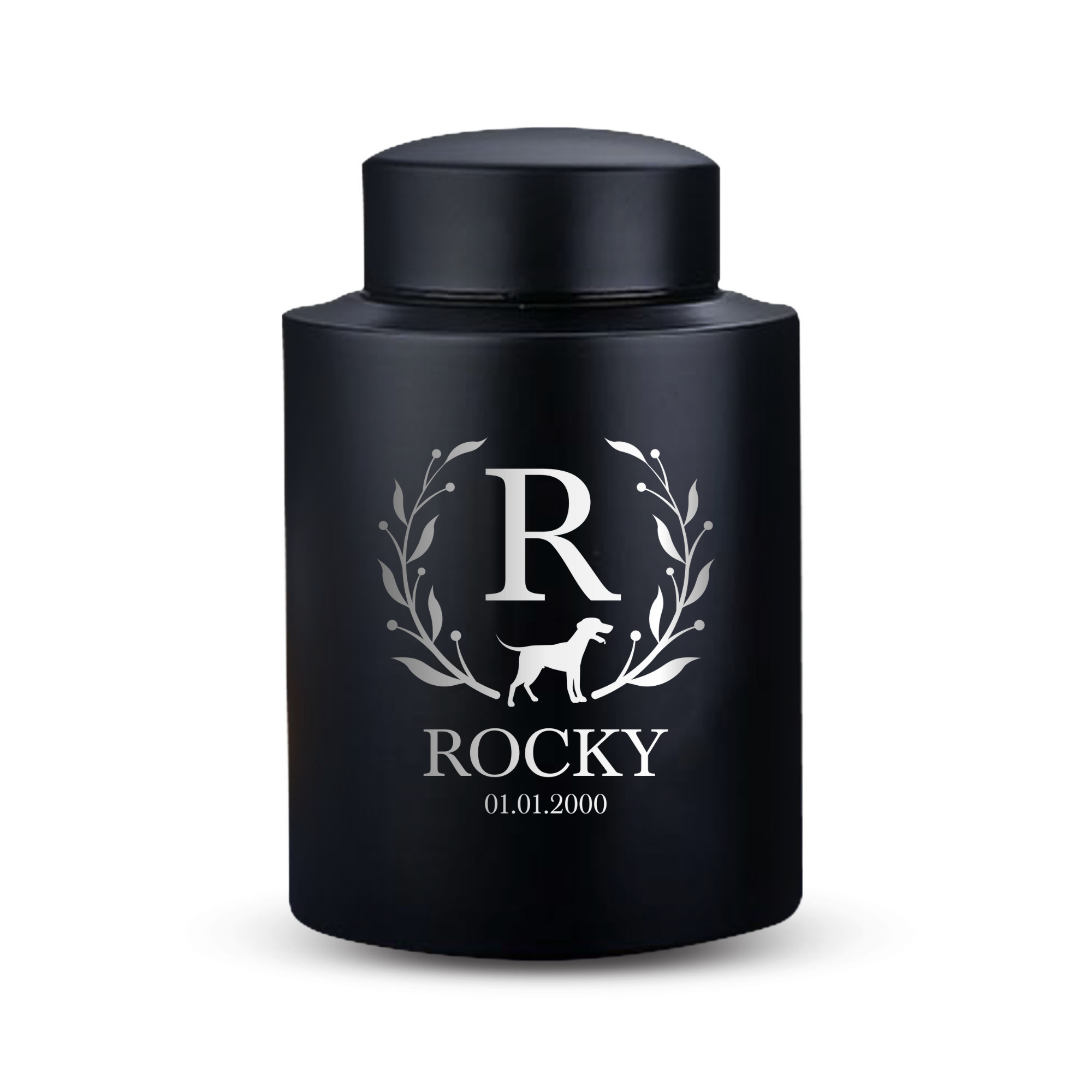 Custom Dog Round Urn - Medium Size - Stainless Steel - Black Powder Coated Finish - 50 Cubic Inch
